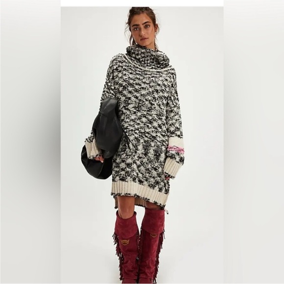 Free People Black and Cream Cowl Neck Sweater Dress